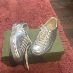 Gucci Silver Metallic Sneakers Sleek Low-Top